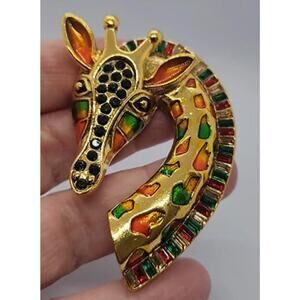 Giraffe Brooch Goldtone Enameled Metal with Faux Crystals Wild Animal Glam